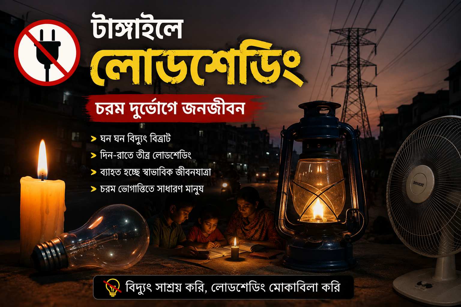 টাঙ্গাইলে ভয়াবহ লোডশেডিংয়ে বিপর্যস্ত জনজীবন